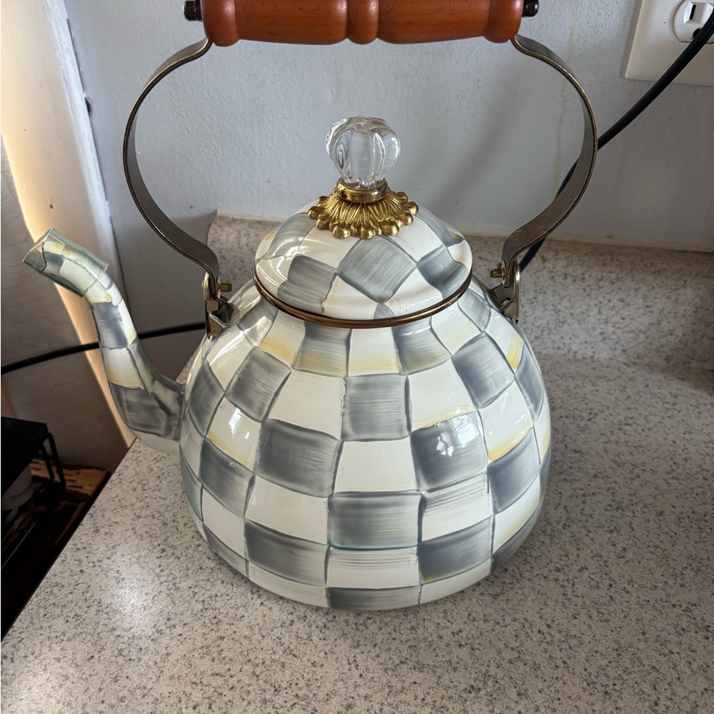 MacKenzie-Childs Gray and White Checkered Teapot with Wooden Handle